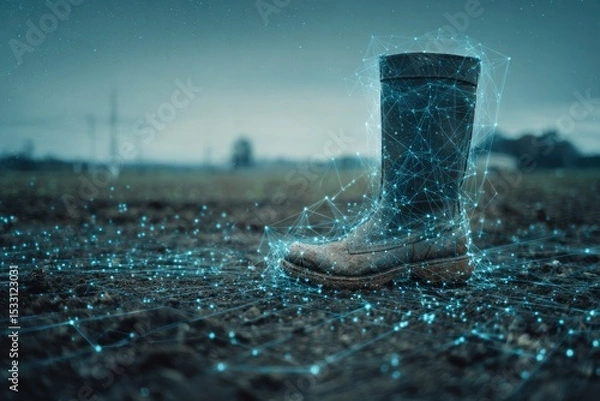 Fototapeta A weathered work boot in a field, partially enveloped by a digital network, suggesting technological integration in agriculture