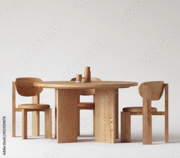 Fototapeta Round wooden dining table with four matching chairs, minimalist design, light wood tone, simple setting
