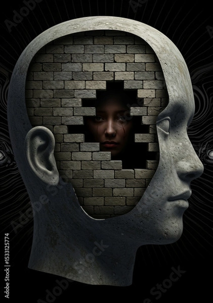 Obraz Stone head with brick wall face and hidden woman, the overall composition creates a sense of isolation, confinement and perhaps a hidden emotion or identity