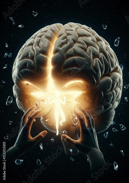Obraz The Emergence of Thought, Brain and Luminous Figure, the image evokes ideas, and the manifestation of thought.