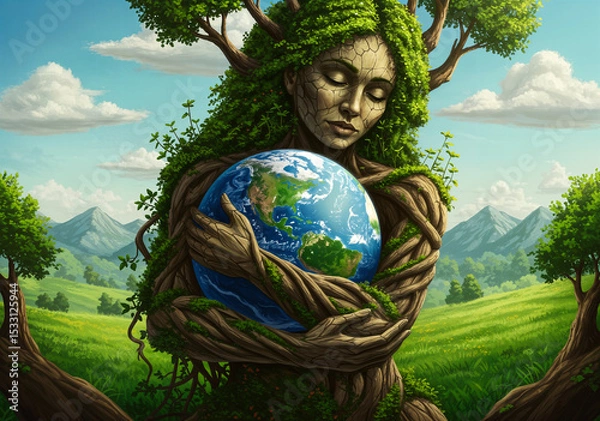 Obraz This artwork depicts a harmonious fusion between Mother Nature and humanity, personified by a tree woman cradling the Earth.