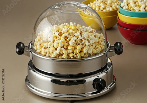 Obraz A stylish popcorn machine filled with fresh golden popcorn, surrounded by colorful serving bowls, creating a cozy and inviting snack-time atmosphere.