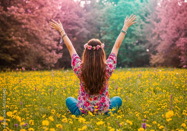 Obraz Woman with arms raised in a field of yellow flowers, wearing a floral crown and colorful shirt, facing away from the camera