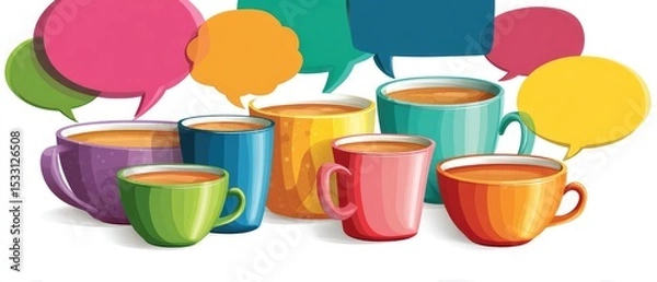 Fototapeta Colorful mugs filled with tea, surrounded by speech bubbles, suggesting conversation and community