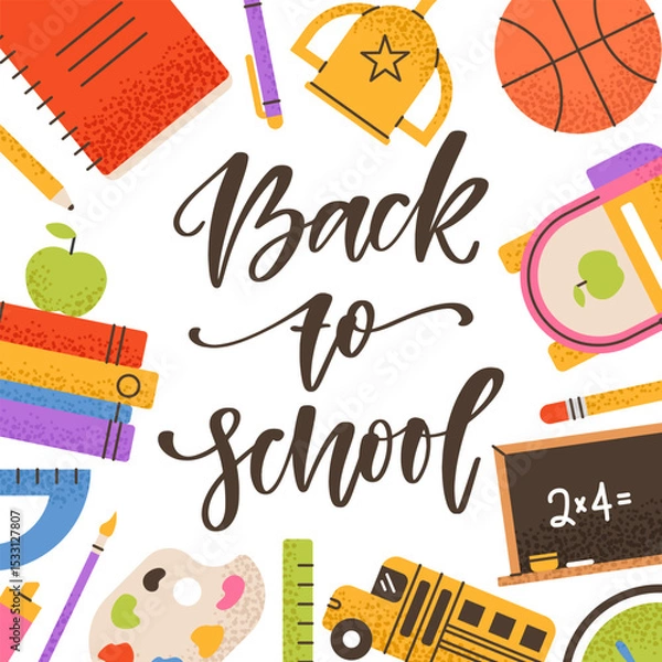 Fototapeta Back to school vector banner. Hand written text with school symbols. School bus, blackboard, books, green apple, backpack, in flat style
