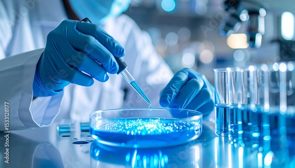 Fototapeta Scientific Experiment: A scientist's hands in blue gloves carefully pipette a blue liquid into a petri dish, surrounded by test tubes filled with similar liquid.