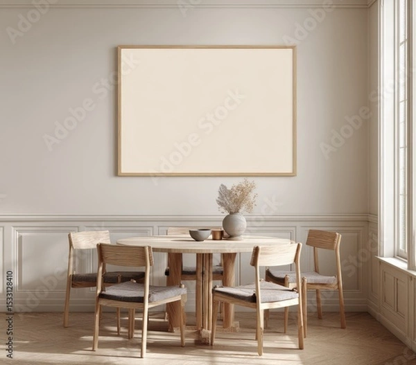 Fototapeta Minimalist dining room with light wood table and chairs, a large blank framed picture, and soft natural light