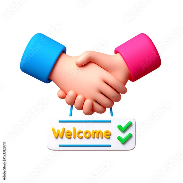 Obraz 3D Cartoon Hands Shaking, Welcome Sign Partnership, Collaboration, and Agreement Concept