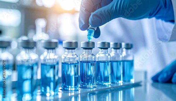 Fototapeta Lab Assistant Precision: A close-up shot of gloved hands working meticulously with vials of blue liquid in a cutting-edge laboratory setting, evoking a sense of precision and scientific exploration.