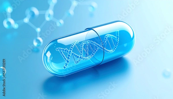 Fototapeta DNA Capsule: A translucent blue capsule containing a DNA double helix, symbolizing genetic research, medicine, or biotechnology. Molecular structures are subtly visible in the background.