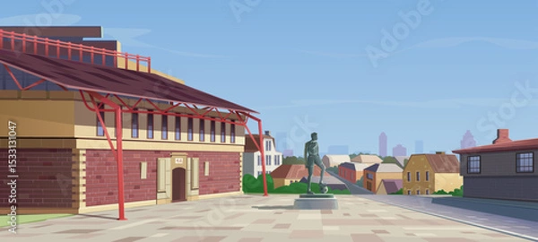 Fototapeta Old stadium building with square, monument of football player with ball. Classic sports arena in European style, stadium stand. City infrastructure, street with houses, cityscape. Vector cartoon.