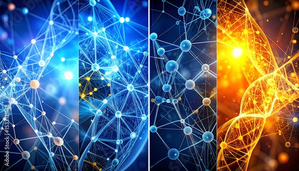 Fototapeta Molecular Marvel: Intricate network of molecules and atoms, rendered in glowing hues of blue and gold. A captivating visual representation of science.