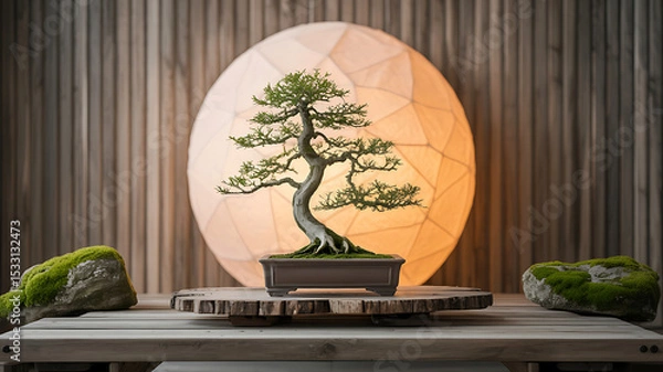 Fototapeta Serene Bonsai Tree on Wooden Table with Soft Lighting