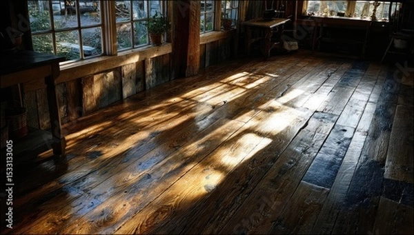 Fototapeta Sunlit rustic workshop interior with aged wood flooring, showing sunbeams through windows, and simple furniture