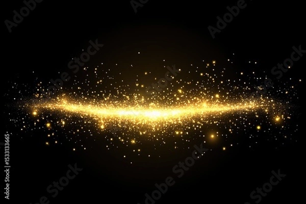 Fototapeta A horizontal band of golden light sparkles and dust motes against a black background, creating a glittering, celestial effect