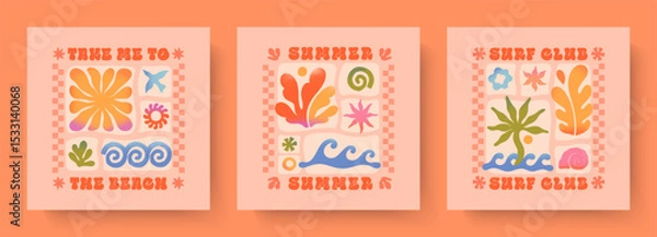 Fototapeta Summer illustrations with sea ocean waves,coral,palm,sun.Groovy boho beach,surf club retro aesthetic.Summer vacation backgrounds in simple funny style.Graphic prints for shirts,banners,covers,branding