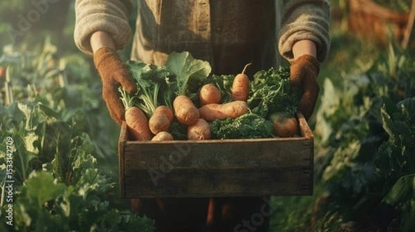 Fototapeta farmer holding wooden box full of fresh vegetables. harvesting season. basket with vegetables in the hands of a farmer background, healthy, organic, food, agriculture