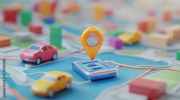 Obraz 3D Map travel location. Locator mark of map and location pin or navigation icon sign on background with search. 3D rendering.