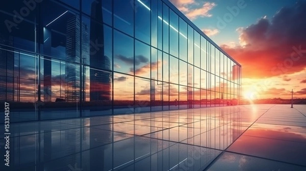 Fototapeta Modern office building or business center. High-rise window buildings made of glass reflect the clouds. empty street outside  wall modernity civilization. growing up business
