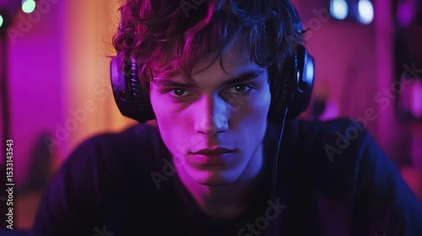 Fototapeta pro gamer man in headphones live streaming while playing online computer game, neon lights, esports,  gaming, monitor, play, young, player, internet, enjoyment, cyber,