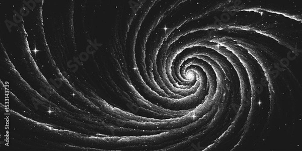Obraz Deep space scene background in stippling style with amazing huge spiral nebula in universe. Great Attractor. Retro styled dotwork. Pointillism. Noisy grainy shading using dots. Vector illustration
