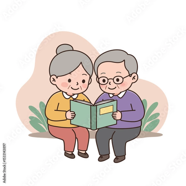 Obraz Senior couple reading together while sitting on a bench with plants  