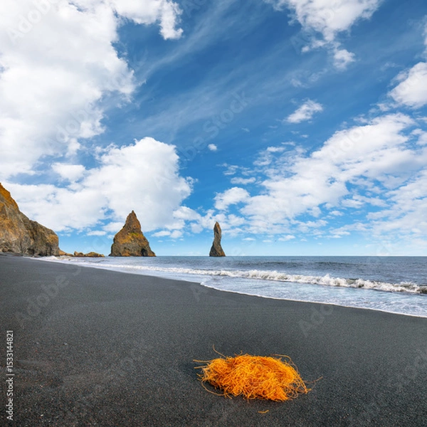 Fototapeta Impressive landscape with basalt rock formations Troll Toes on Black beach Reynisfjara near the village of Vik.