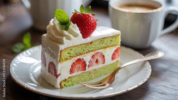Fototapeta Delicious Strawberry Shortcake with Pistachio Layers