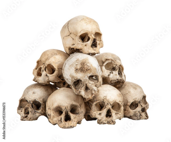 Obraz Pile of human skulls representing mortality and ancient themes on a transparent background, cut out