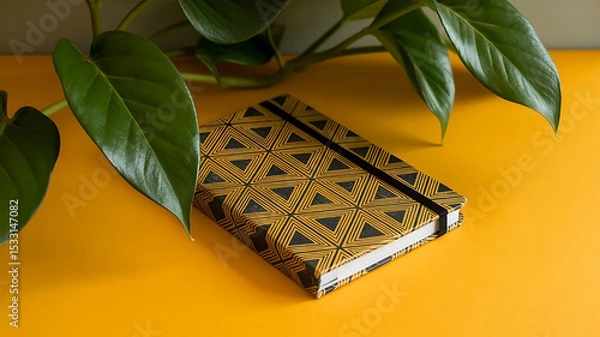 Fototapeta Geometric Notebook and Green Leaves on Yellow Background