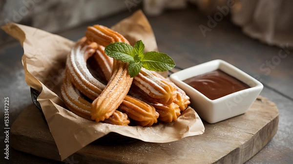 Fototapeta Churros with Chocolate Sauce and Mint Garnish