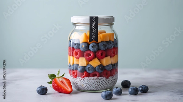 Fototapeta Layered Chia Seed Pudding with Mango, Raspberries, and Blueberries
