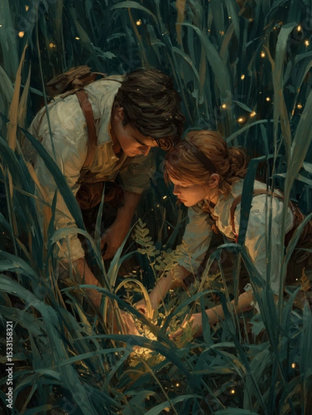 Fototapeta Couple exploring the enchanting tall grass under a starry sky