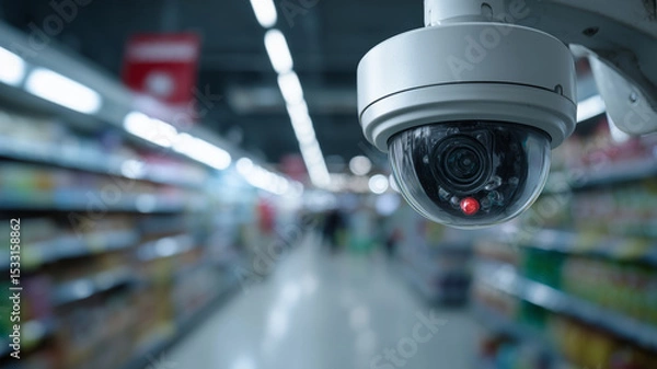 Fototapeta Close-up of a security camera monitoring a busy retail store
