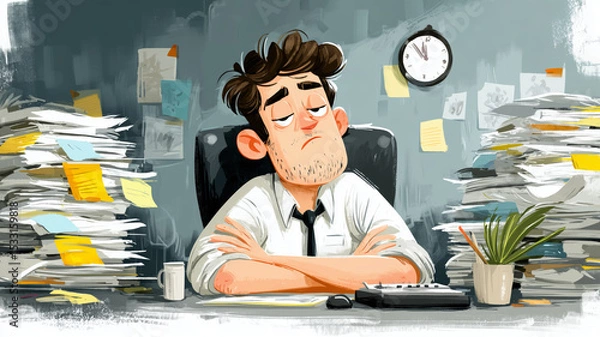 Fototapeta Bored office worker relaxes in cluttered workspace during a long afternoon