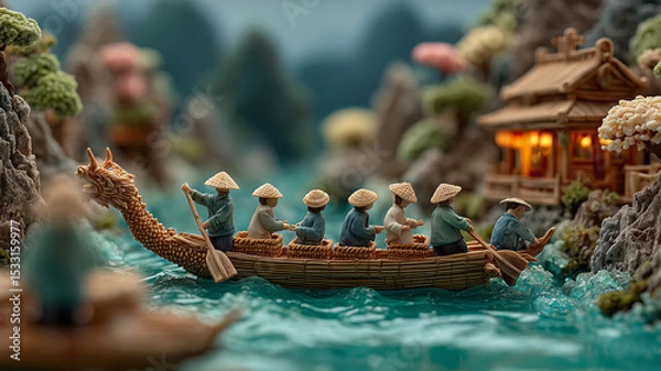 Fototapeta Journey through a miniature landscape with paddlers navigating the river