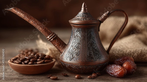 Fototapeta Traditional dallah showcasing rich coffee culture with dates and beans