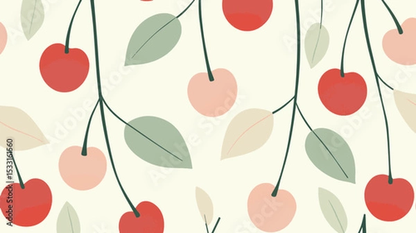 Fototapeta Seamless vector background with cherry branches and leaves in minimal modern artistic style