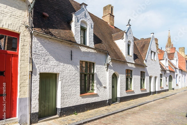 Fototapeta Row of historical white terraced cottages with dormer windows along a cobblestone street in a old city centre in Belgium