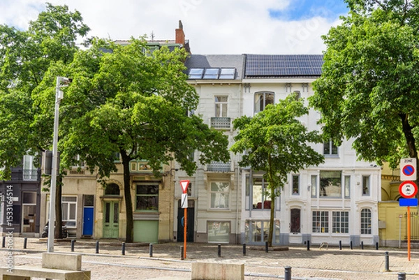 Fototapeta Town houses along a tree lined cobbled street in a city centre on a sunny summer day. One of the town houses has rooftop solar panels. 