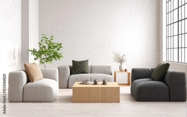 Fototapeta Minimalist living room with light-toned modular sofa, light wood coffee table, and a large window.  Greenery adds a touch of nature