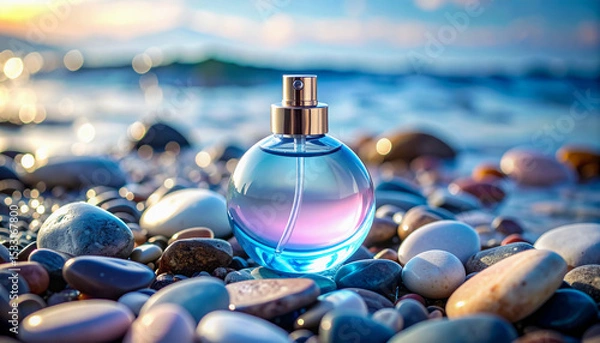 Fototapeta Luxurious round perfume bottle in blue and purple tones placed on beach stones with sea view and twilight light