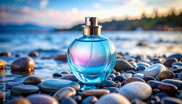 Fototapeta Round blue and purple perfume bottle on beach stones with sea background and sunset light