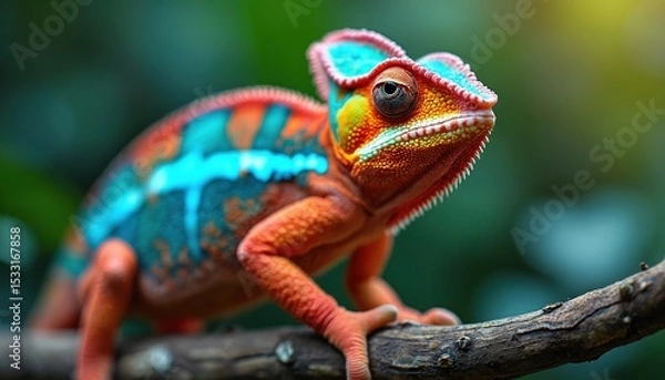 Fototapeta Vibrant, colorful chameleon perched branch. Exotic reptile has blue, red, orange yellow scales. Nature wildlife animal in tropical habitat, closeup macro photography.