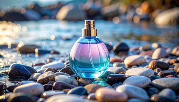 Fototapeta Round perfume bottle in blue and purple hues on beach stones with sparkling sea view and romantic twilight atmosphere