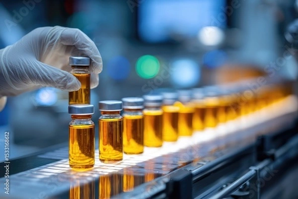 Fototapeta Gloved hand places amber vial onto a production line of identical vials, in a sterile, industrial setting
