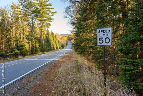 Fototapeta Speed limit sign along a deserted straight stetch of a forest road in the mountains at sunset in autumn