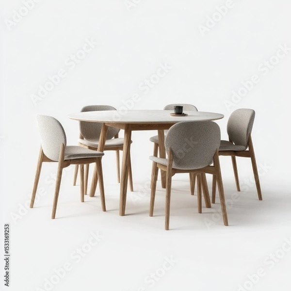 Fototapeta A round wooden dining table with four light-grey upholstered chairs on tapered legs, set against a white backdrop