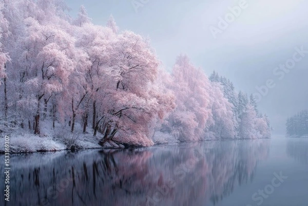 Fototapeta Frost-covered trees line a calm lake, their pink-tinged snow reflecting in the still water under a soft, hazy sky