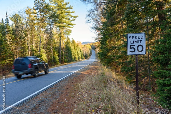 Fototapeta Car passing by a speed limit sign on a forest road in the mountains at sunset in autumn